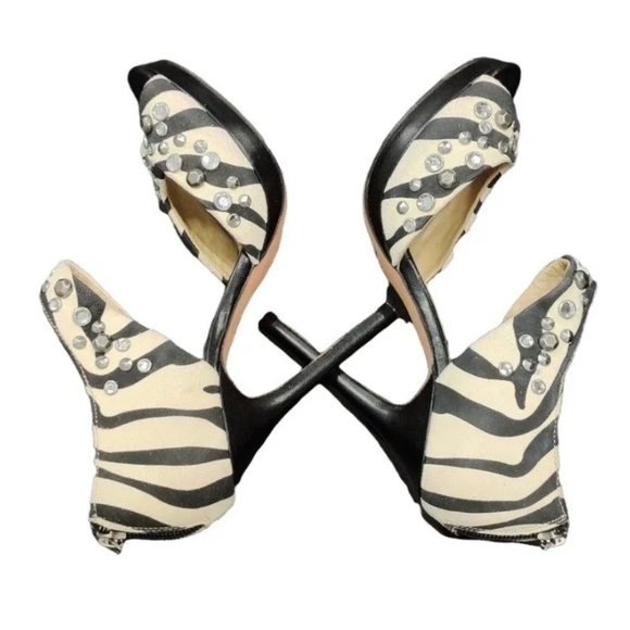 Jimmy Choo For H&M Suede Zebra Print With Studs & Rhinestones Stilettos Size 37 - Picture 4 of 12